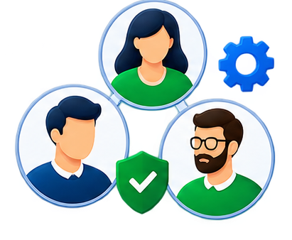 Three users grouped behind a shield and a settings gear, standing for roles, permissions and audited access