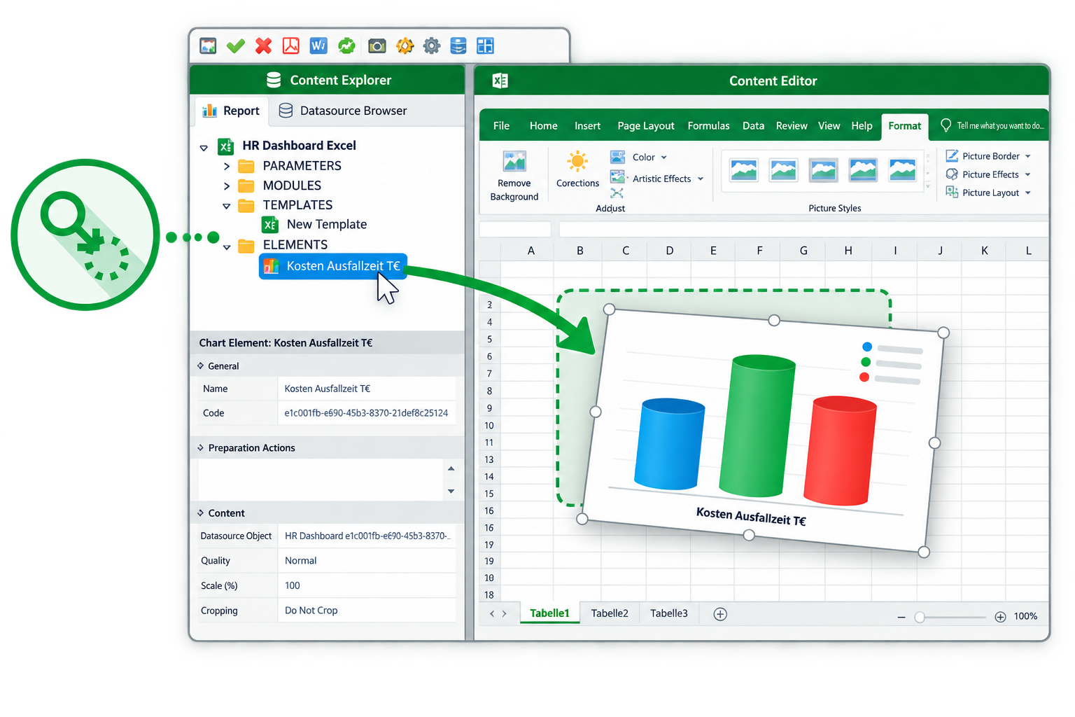 A chart element being dragged from the Content Explorer into an Excel template in the Content Editor