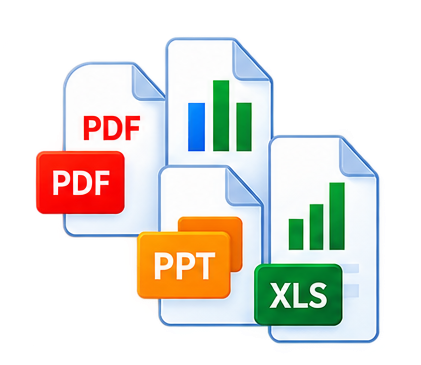 The same report written out as PDF, PowerPoint and Excel files