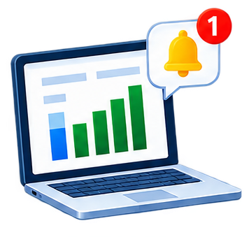 A laptop showing execution results with a notification bell signalling one failed run