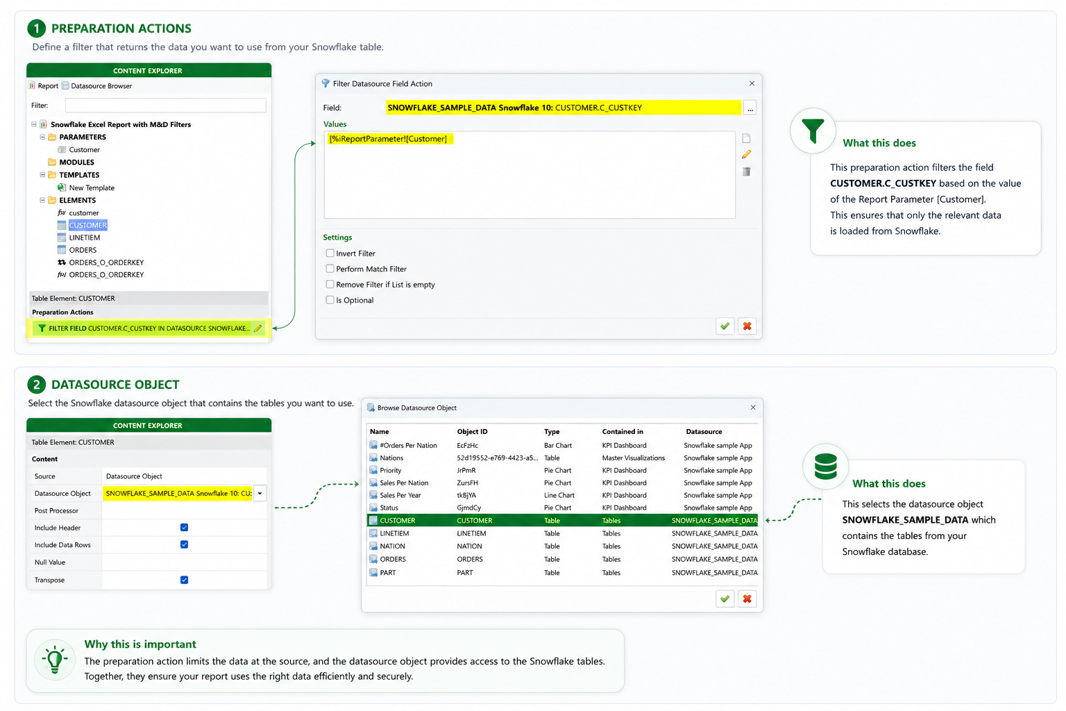 Defining a Snowflake dataset in Mail & Deploy: filter preparation action and datasource object selection