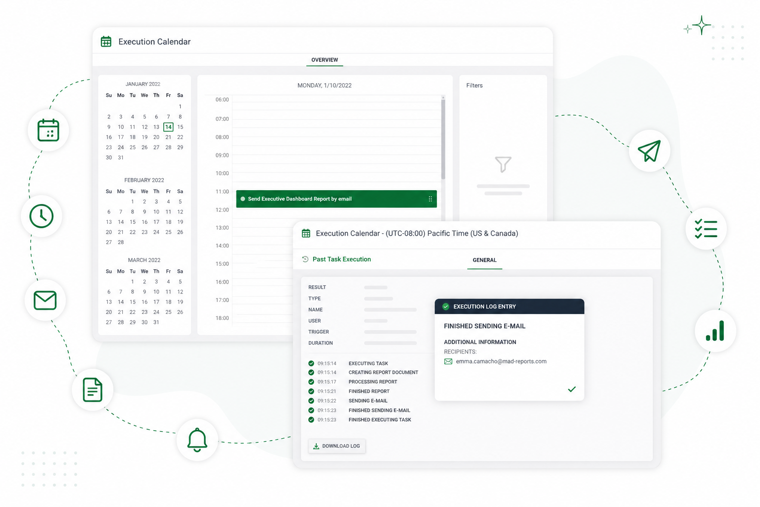Execution calendar in Mail & Deploy with monthly schedule, daily timeline and completed email delivery log