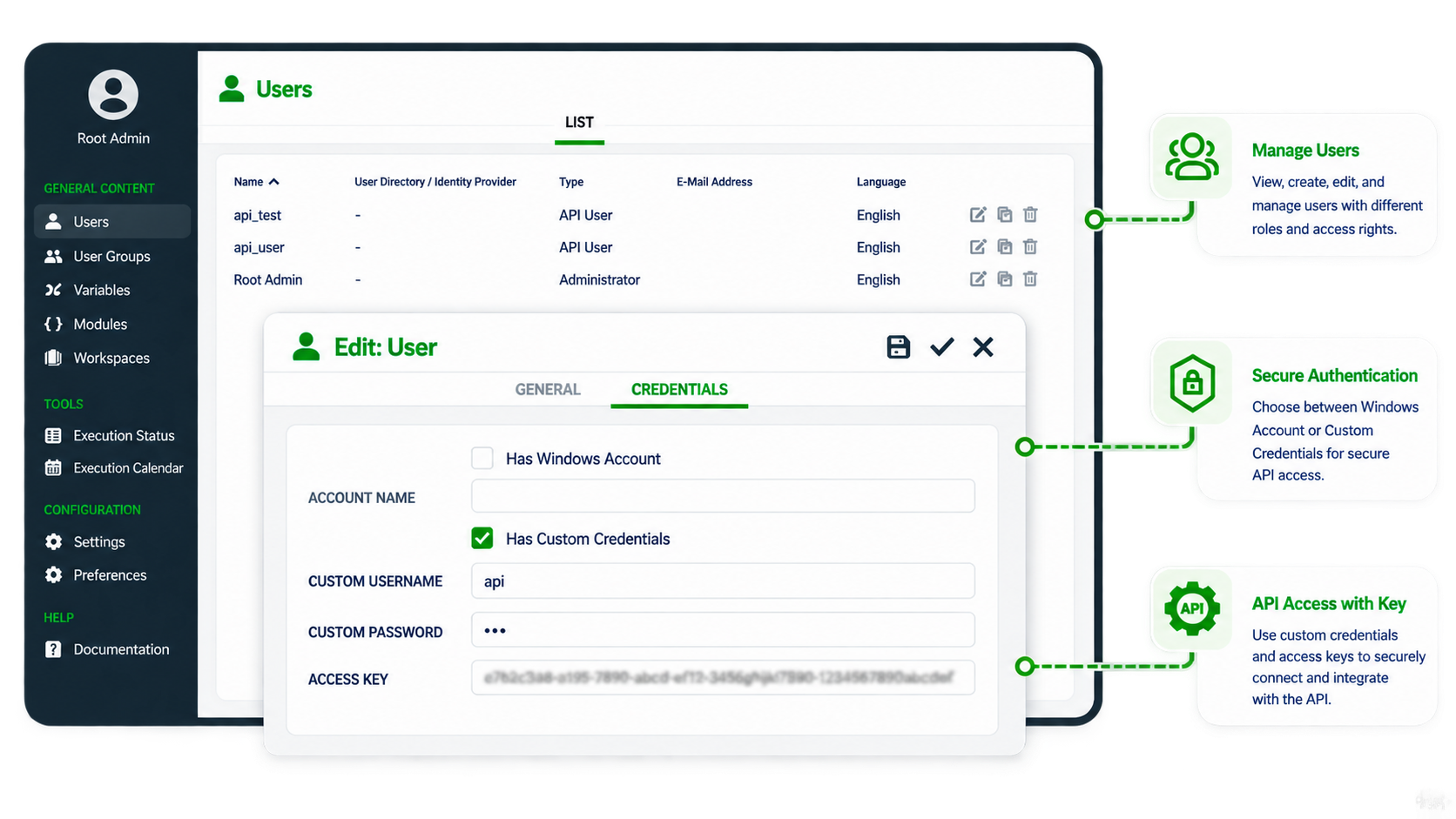 The Users administration list with an Edit User credentials tab, annotated with manage users, secure authentication and API access with key
