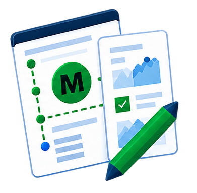 A branded report template being edited with a pencil, with charts, text blocks and a checked step sequence