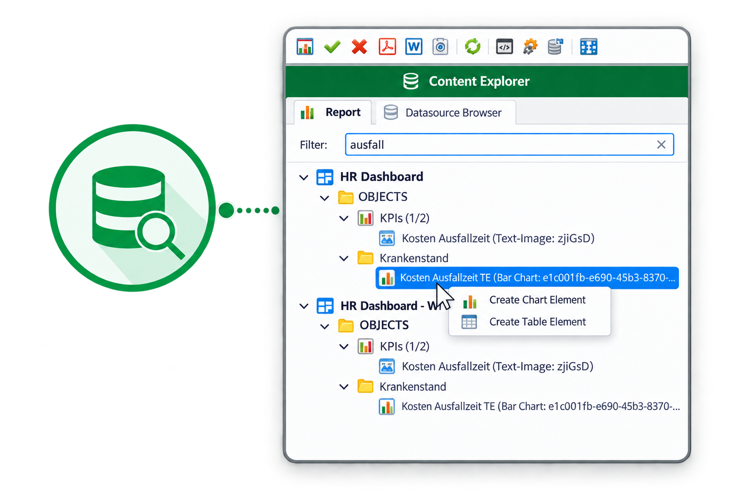The Content Explorer Datasource Browser filtering HR Dashboard objects, with a context menu offering Create Chart Element and Create Table Element