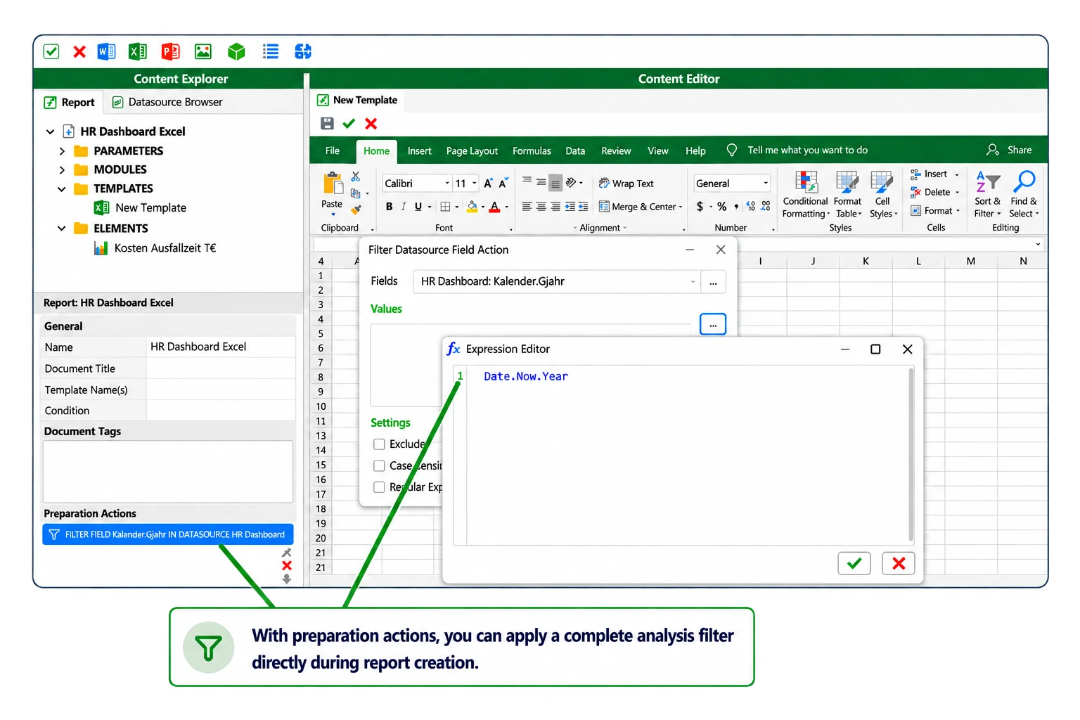 The Filter Datasource Field action with an expression editor setting Date.Now.Year as the filter value, applied as a preparation action in the HR Dashboard Excel report