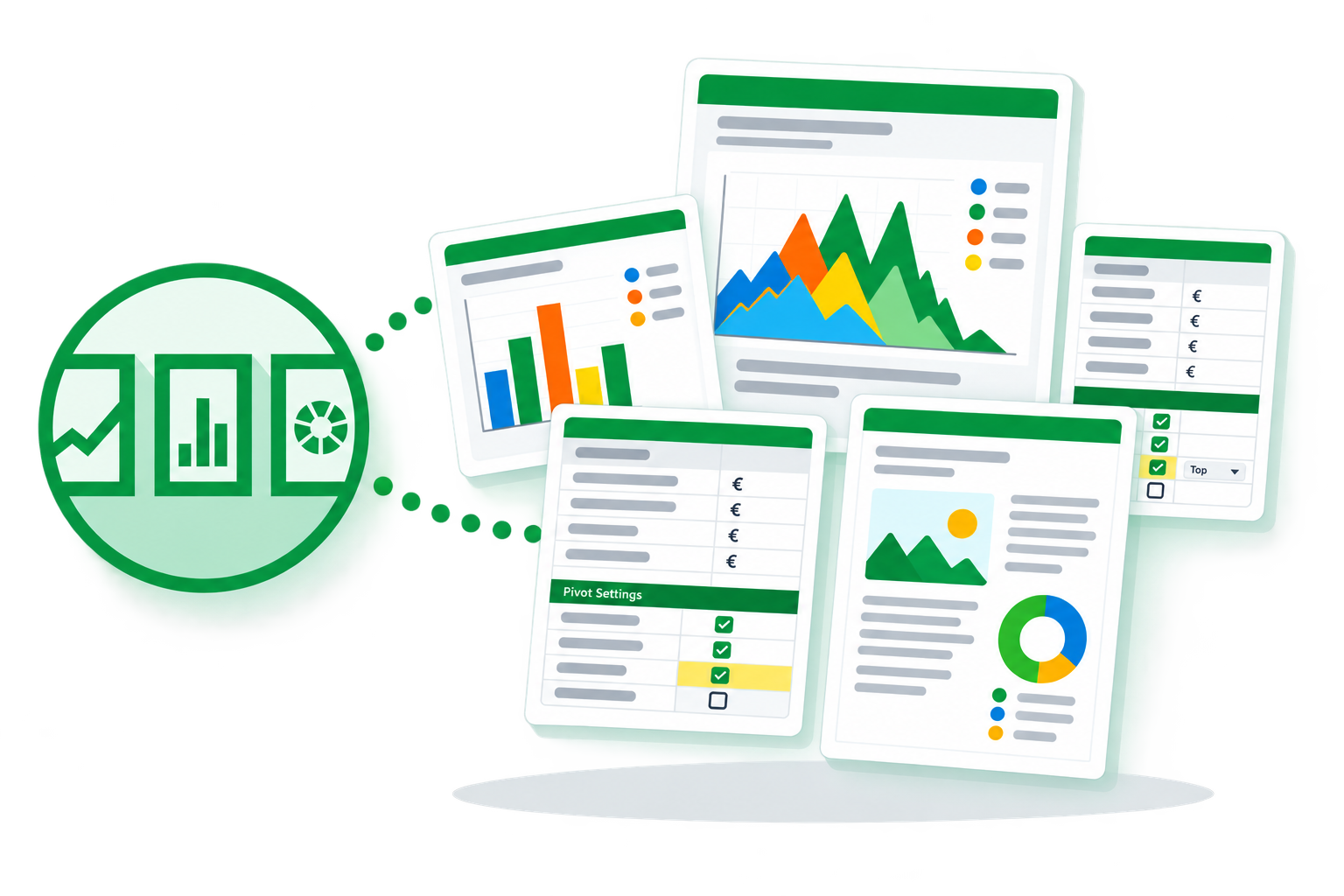 Several report pages showing bar, area and donut charts, pivot tables and mixed text and image layouts
