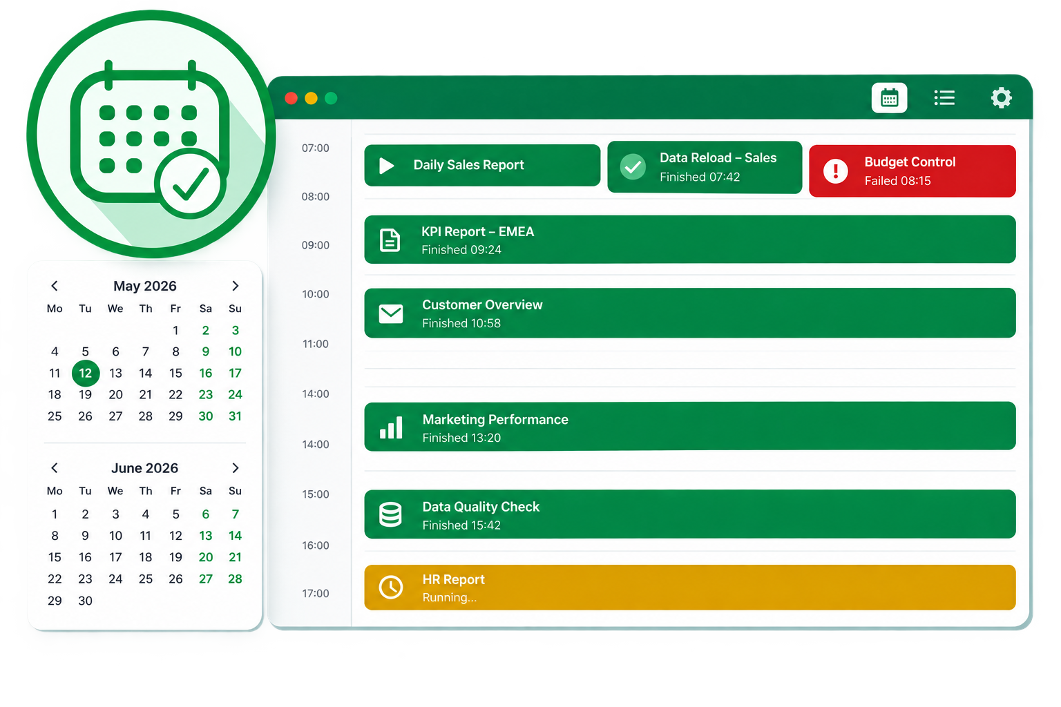 An execution calendar with two months next to a day timeline of report runs marked finished, running and failed