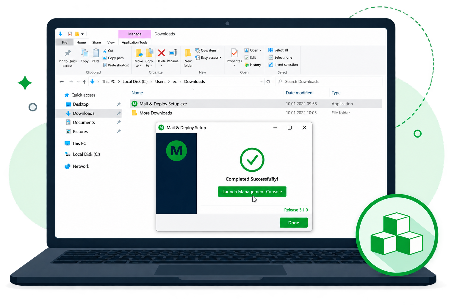 Mail & Deploy setup wizard on a laptop confirming a completed installation with a button to launch the Management Console