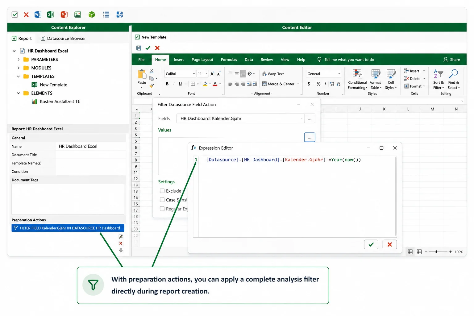 Configuring a preparation action that filters a Qlik field before report generation