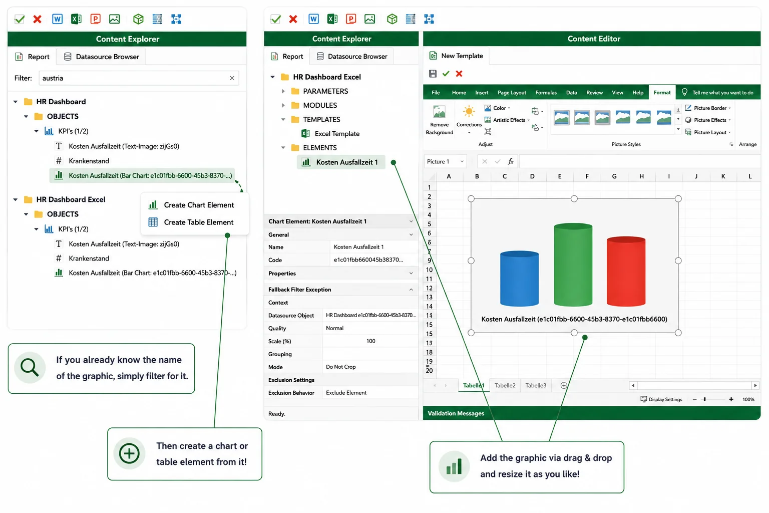 Adding a Qlik chart element to an Excel template in the Mail & Deploy designer