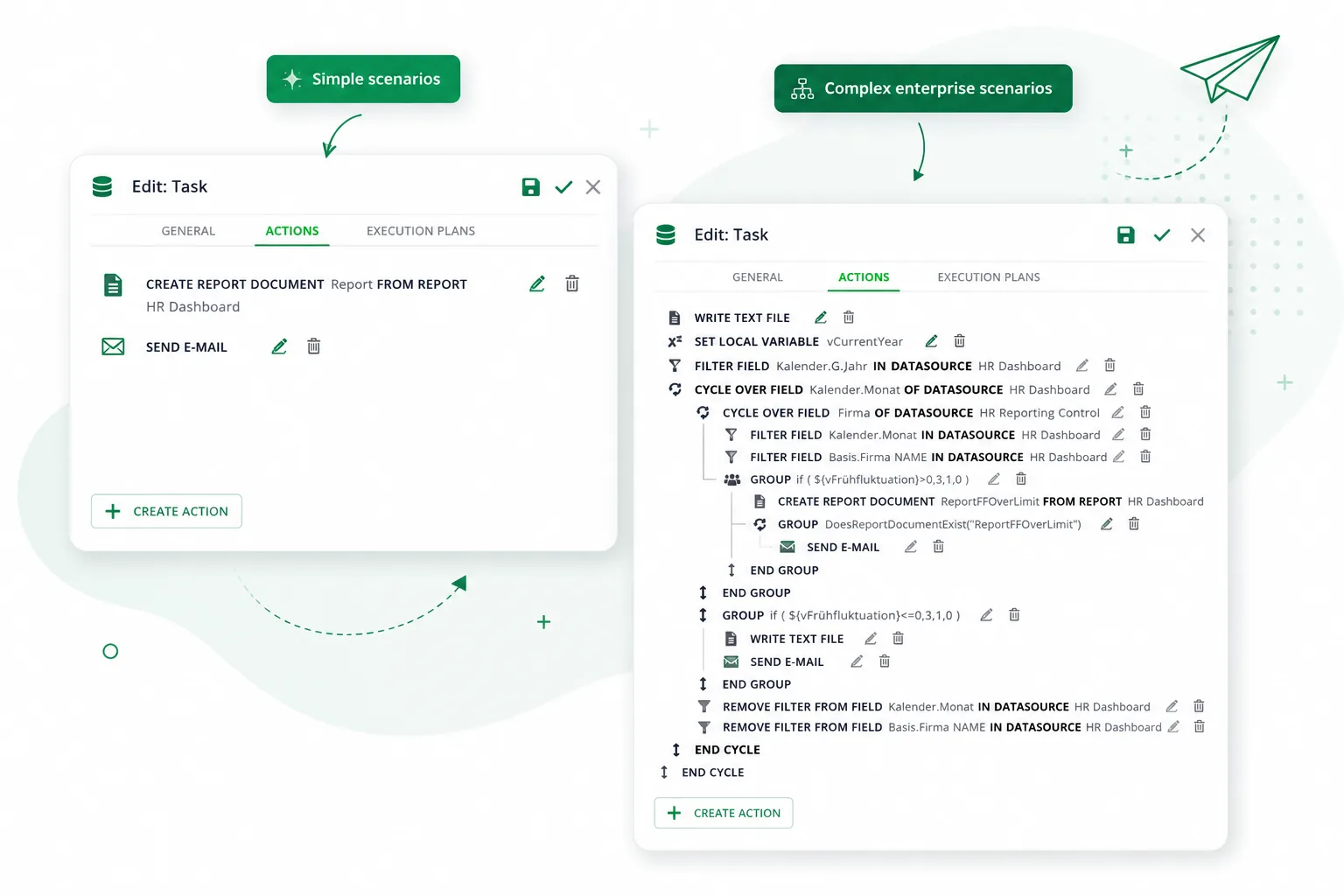Task actions in Mail & Deploy, from a two-step task to a nested automation with cycles, filters and conditions