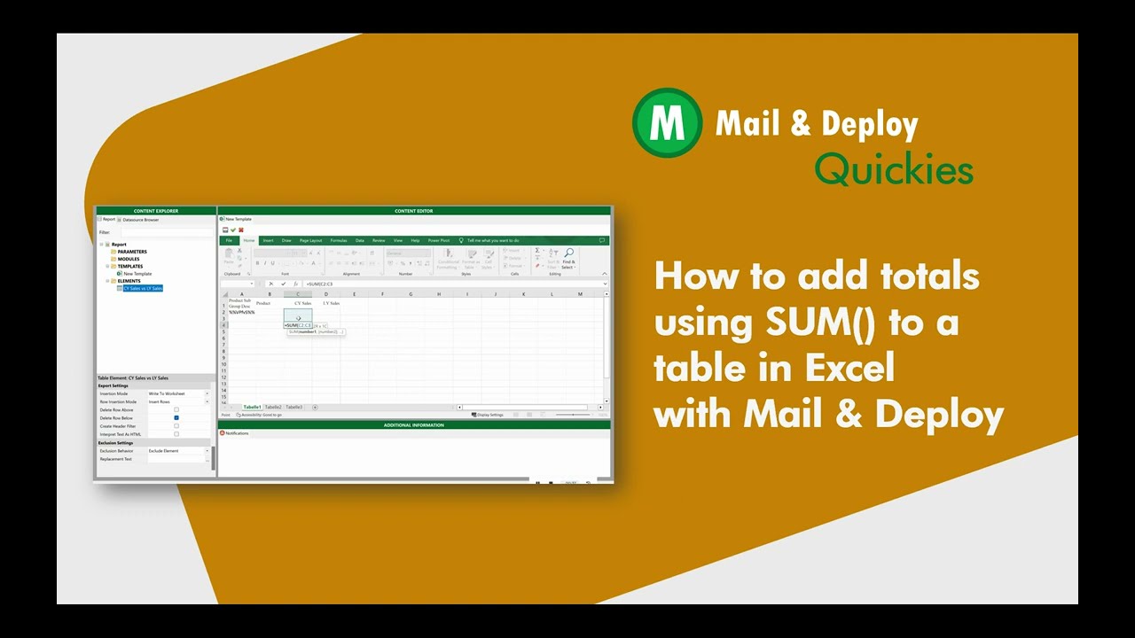 How to add totals using SUM() to a table in Excel with Mail & Deploy