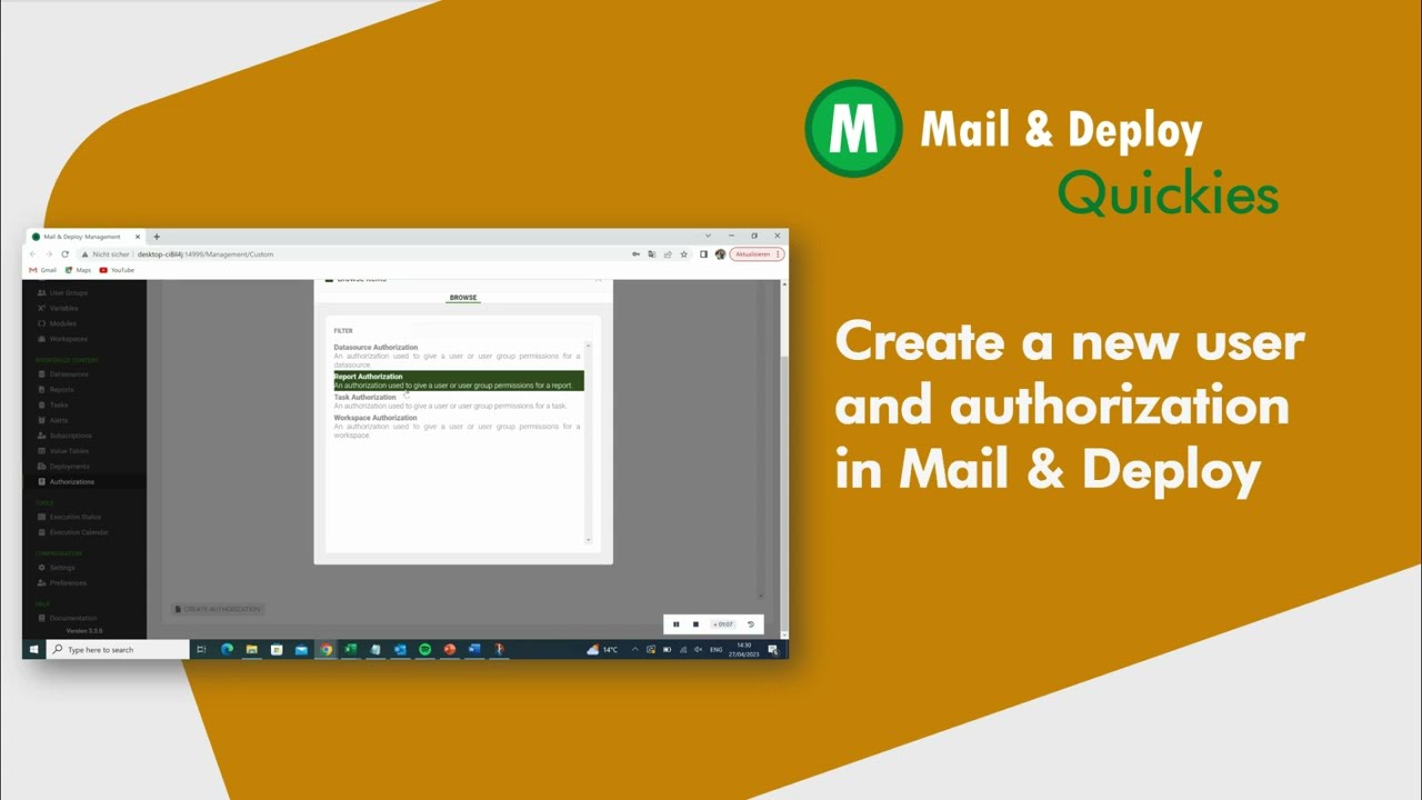 Create a new user and authorization in Mail & Deploy