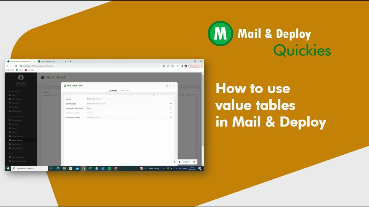 How to use value tables in Mail & Deploy