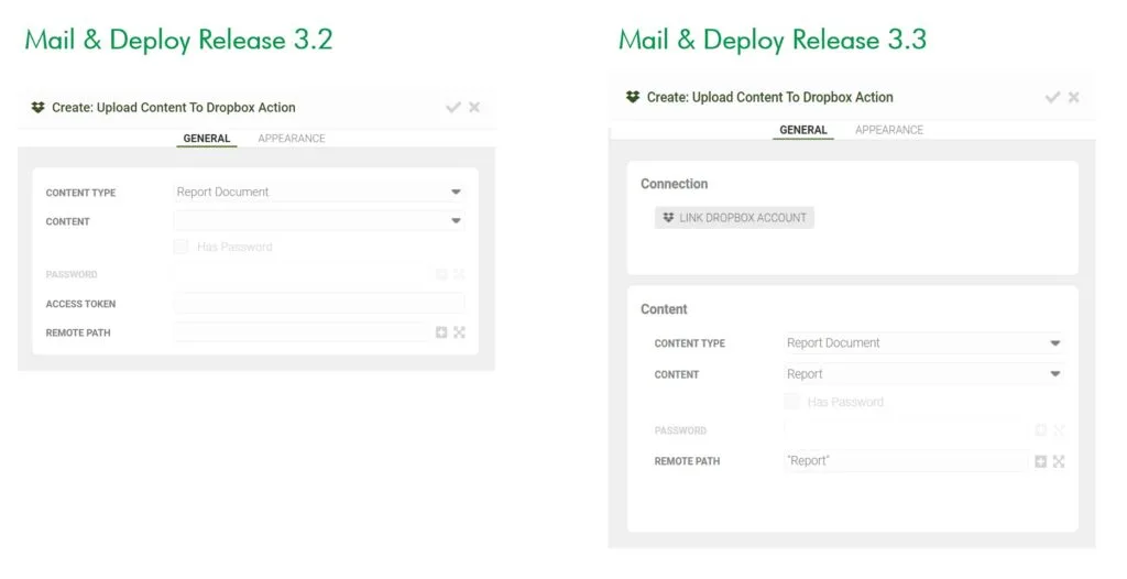 Upload Content to Dropbox Action Release 3.2 vs. Release 3.3
