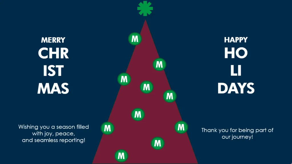 A stylized holiday card with a maroon Christmas tree decorated with green ornaments labeled M. The tree sits on a dark blue background. Merry Christmas and Happy Holidays appear on either side in bold white text.