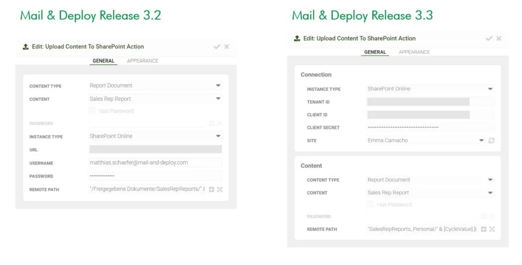 Upload Content to SharePoint Action Release 3.2 vs. Release 3.3